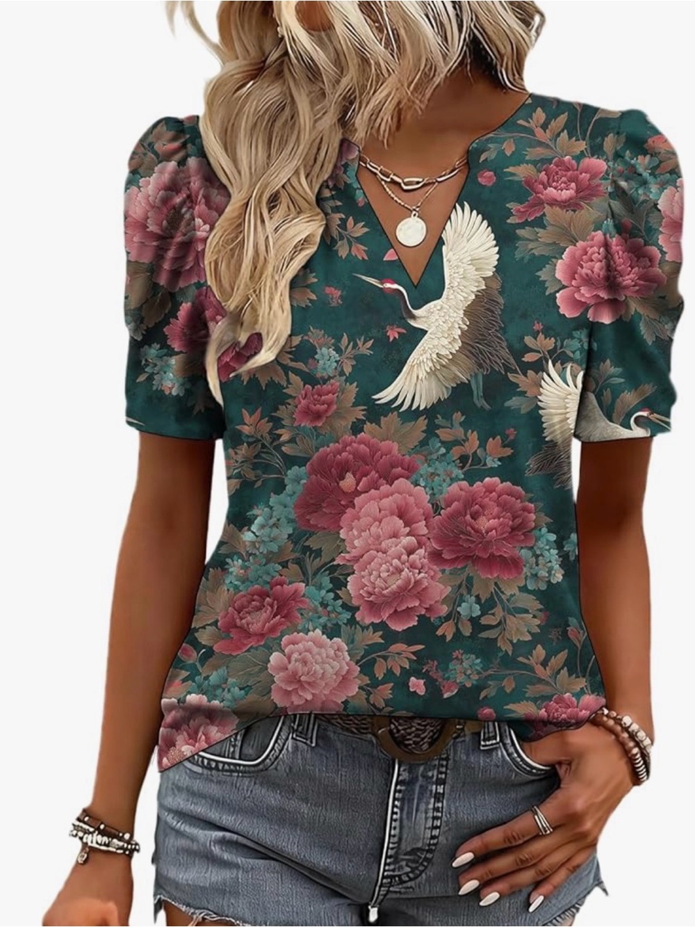 V-Neck Puff Sleeve Floral Crane Blouse - Teal and Rose